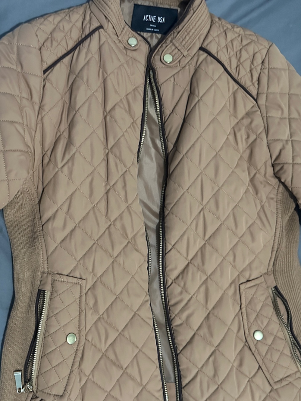 Active USA Quilted Bomber Jacket in Taupe Brown